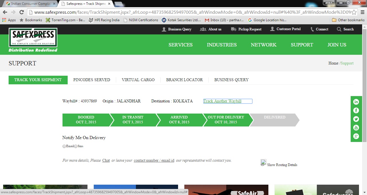 Safexpress — Unwilling to deliver AWB 43937869