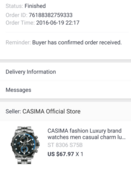 refund of casima watch $67.97 returned dt. 11/08/2016 to the seller