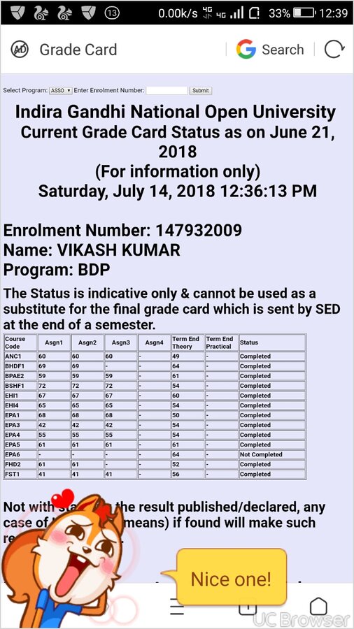 ignou assignment marks not updated in grade card