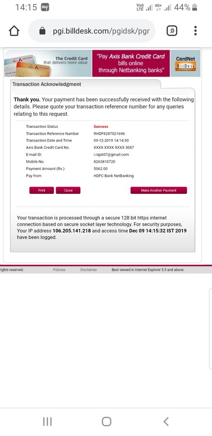 Bill Desk Axis Bank I Have Paid Axis Bank Credit Card Bill But