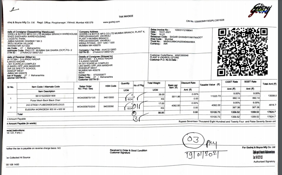 Godrej Interio — Issue with the newly purchased chair - Invoice No ...