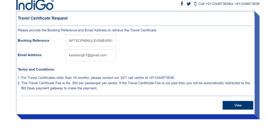 travel certificate indigo charges